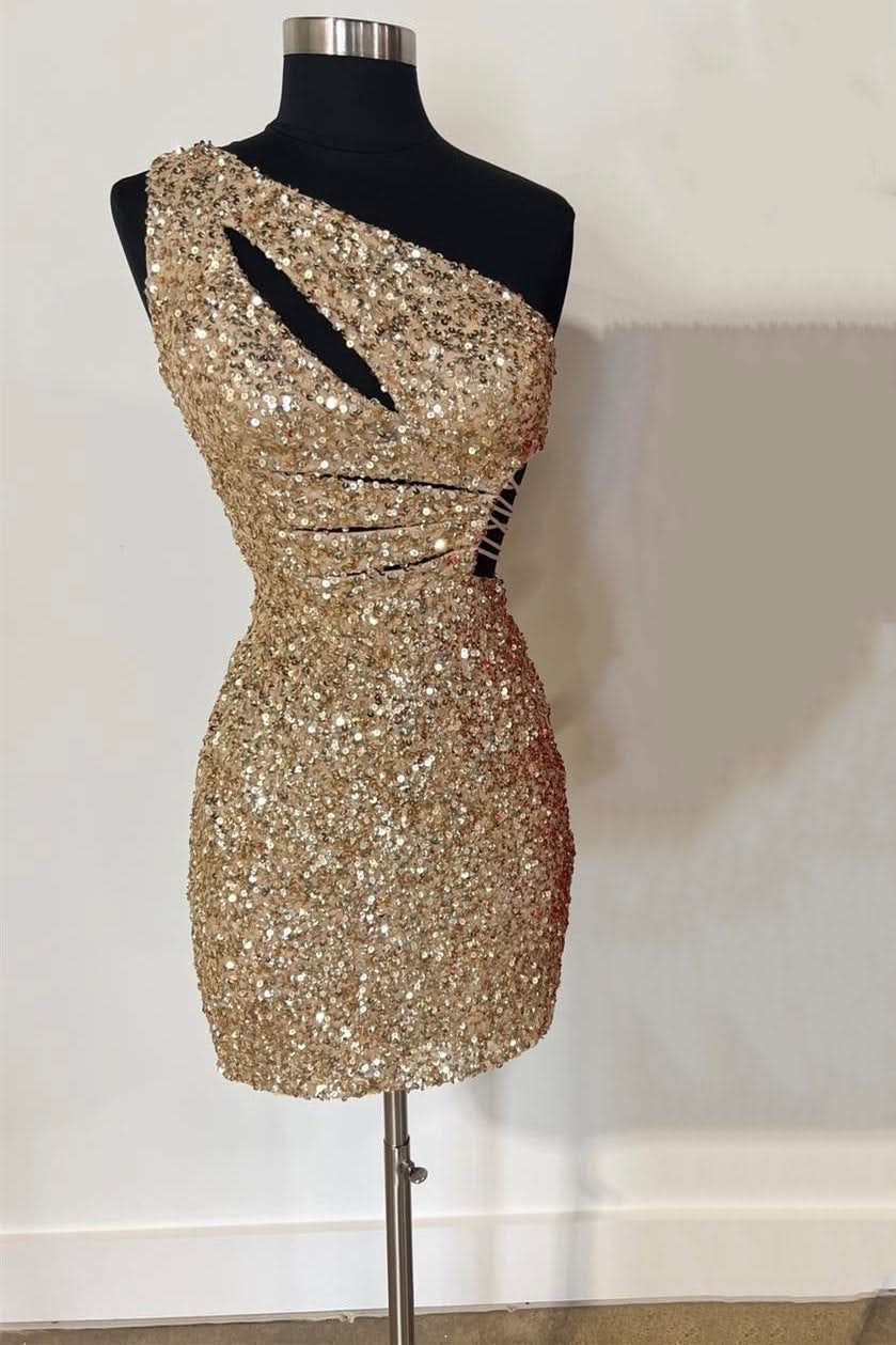 Stunning Gold One Shoulder Cutout Sequin Tight Homecoming Dress BM bride