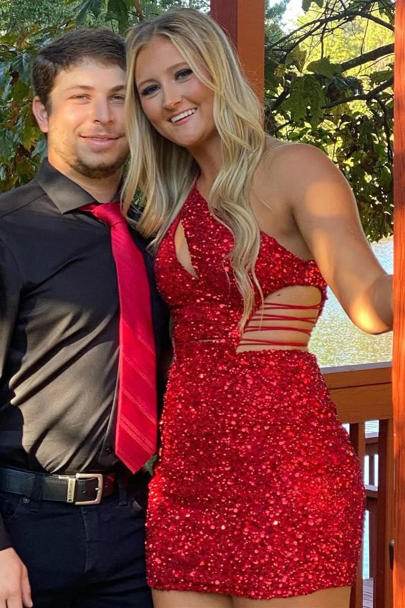 Stunning Gold One Shoulder Cutout Sequin Tight Homecoming Dress BM bride
