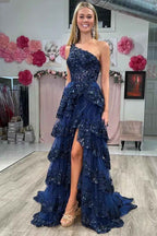 One Shoulder Lace Tulle Tiered Prom Dress Sparkly Sequined Applique Long Maxi Formal Evening Party Gowns 2025 - Bmbride