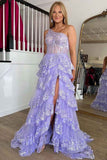 One Shoulder Lace Tulle Tiered Prom Dress Sparkly Sequined Applique Long Maxi Formal Evening Party Gowns 2025 - Bmbride