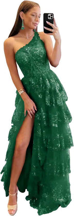 One Shoulder Lace Tulle Tiered Prom Dress Sparkly Sequined Applique Long Maxi Formal Evening Party Gowns 2025 - Bmbride