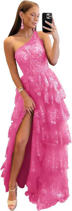 One Shoulder Lace Tulle Tiered Prom Dress Sparkly Sequined Applique Long Maxi Formal Evening Party Gowns 2025 - Bmbride