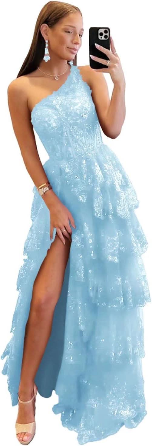 One Shoulder Lace Tulle Tiered Prom Dress Sparkly Sequined Applique Long Maxi Formal Evening Party Gowns 2025 - Bmbride