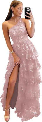 One Shoulder Lace Tulle Tiered Prom Dress Sparkly Sequined Applique Long Maxi Formal Evening Party Gowns 2025 - Bmbride