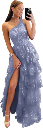 One Shoulder Lace Tulle Tiered Prom Dress Sparkly Sequined Applique Long Maxi Formal Evening Party Gowns 2025 - Bmbride