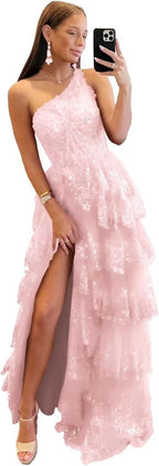 One Shoulder Lace Tulle Tiered Prom Dress Sparkly Sequined Applique Long Maxi Formal Evening Party Gowns 2025 - Bmbride