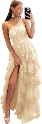 One Shoulder Lace Tulle Tiered Prom Dress Sparkly Sequined Applique Long Maxi Formal Evening Party Gowns 2025 - Bmbride