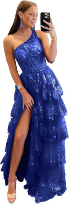 One Shoulder Lace Tulle Tiered Prom Dress Sparkly Sequined Applique Long Maxi Formal Evening Party Gowns 2025 - Bmbride