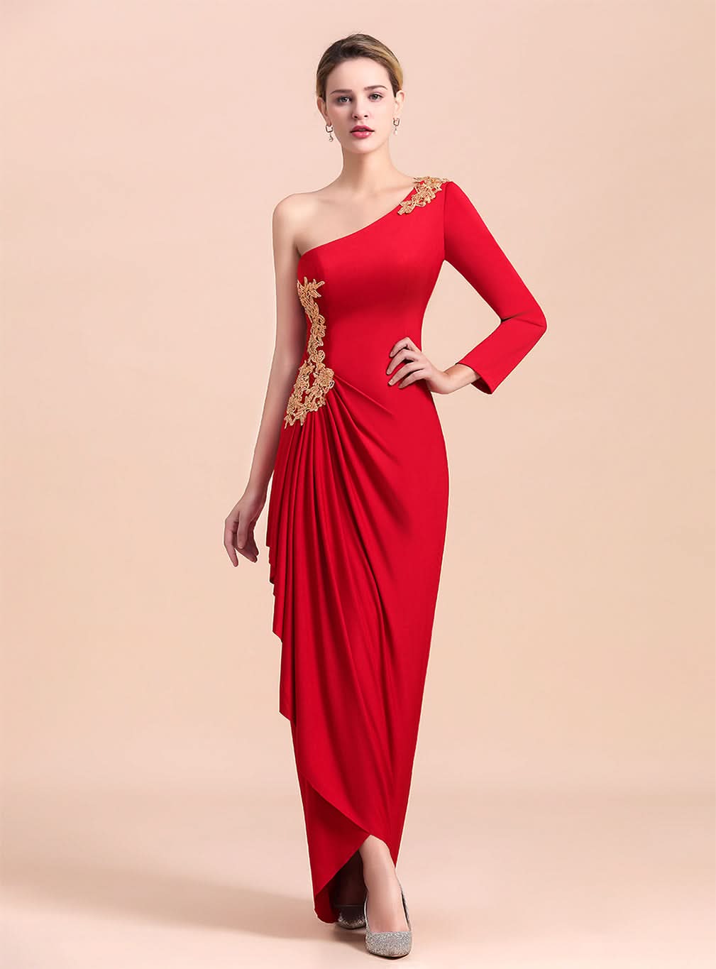 One-Shoulder Long Sleeves Ruffle Appliques Dress BMbride