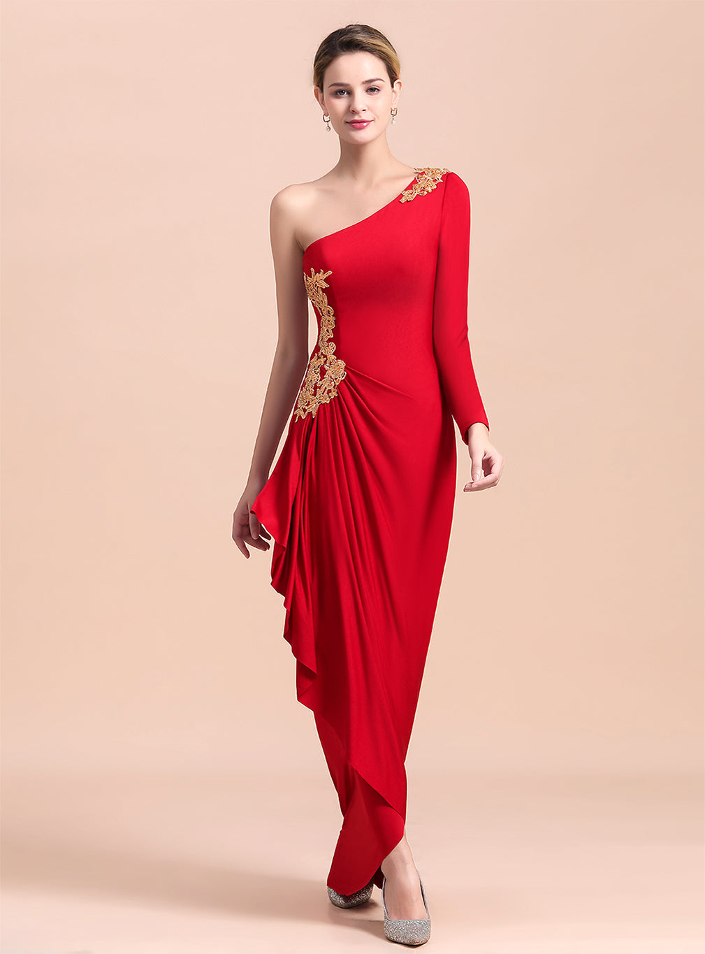 One-Shoulder Long Sleeves Ruffle Appliques Dress BMbride
