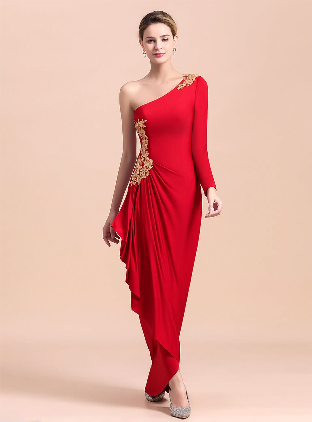 One-Shoulder Long Sleeves Ruffle Appliques Dress BMbride