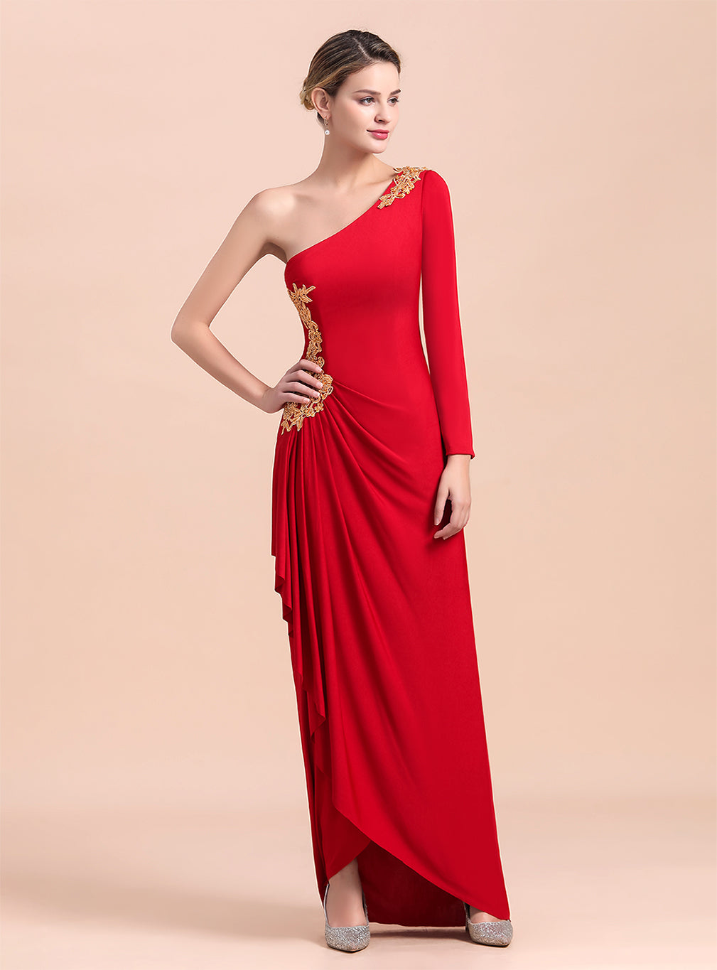 One-Shoulder Long Sleeves Ruffle Appliques Dress BMbride