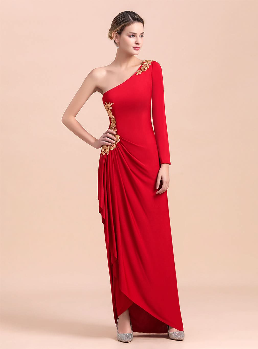 One-Shoulder Long Sleeves Ruffle Appliques Dress BMbride