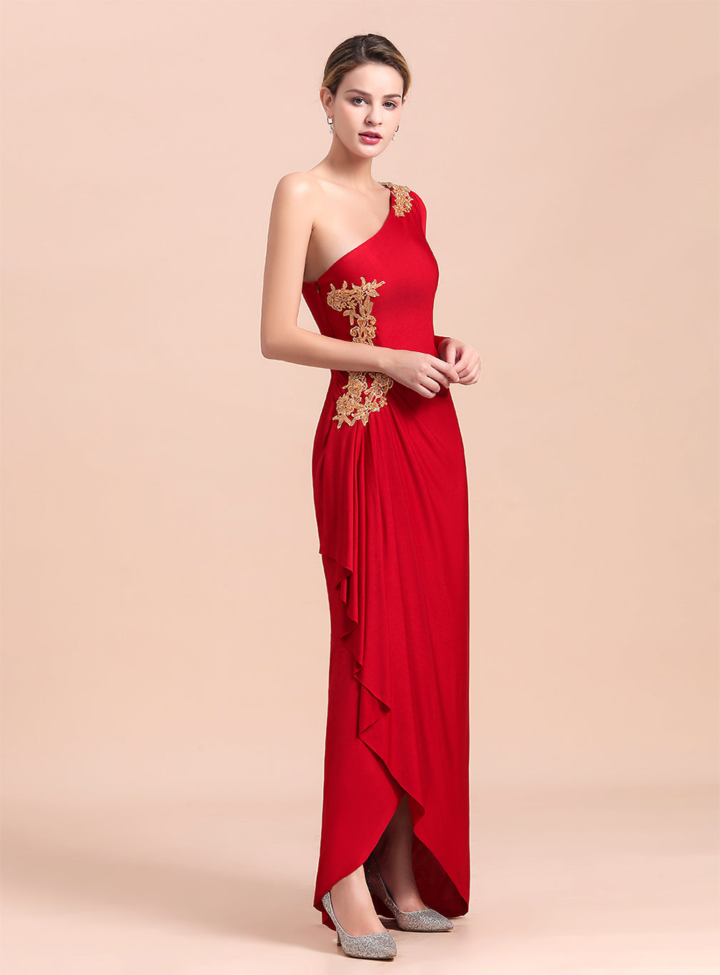 One-Shoulder Long Sleeves Ruffle Appliques Dress BMbride