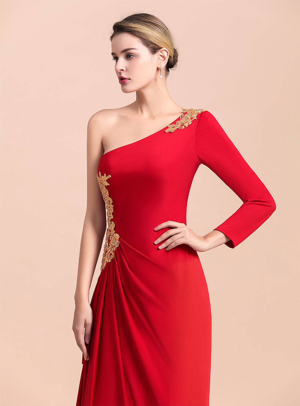 One-Shoulder Long Sleeves Ruffle Appliques Dress BMbride