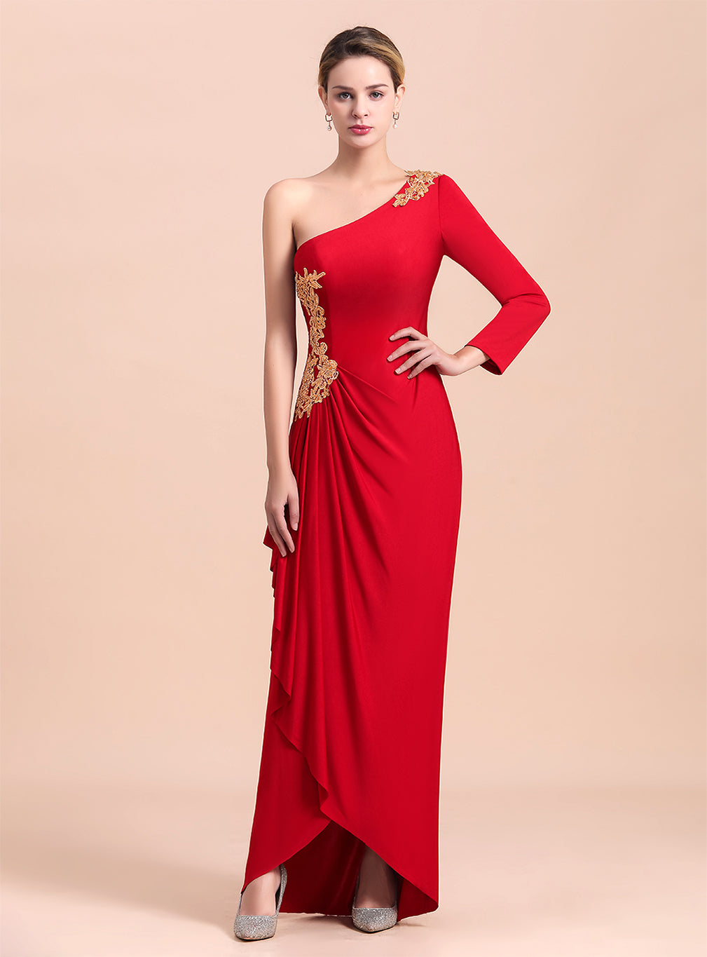 One-Shoulder Long Sleeves Ruffle Appliques Dress BMbride