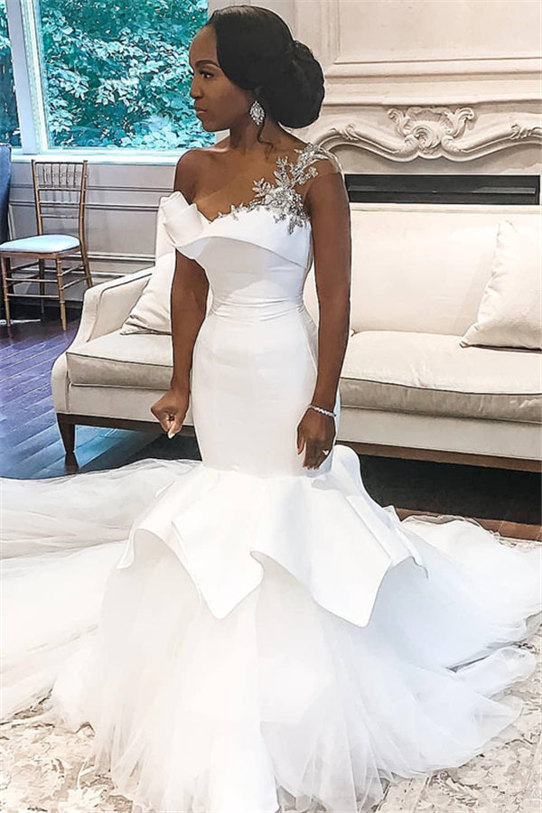 One shoulder Mermaid Bridal Wears with Ruffles Train BM bride