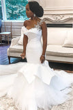 One shoulder Mermaid Bridal Wears with Ruffles Train BM bride