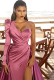 BMbride One Shoulder Satin Side Split Prom Gowns with Sweep Train BMbride