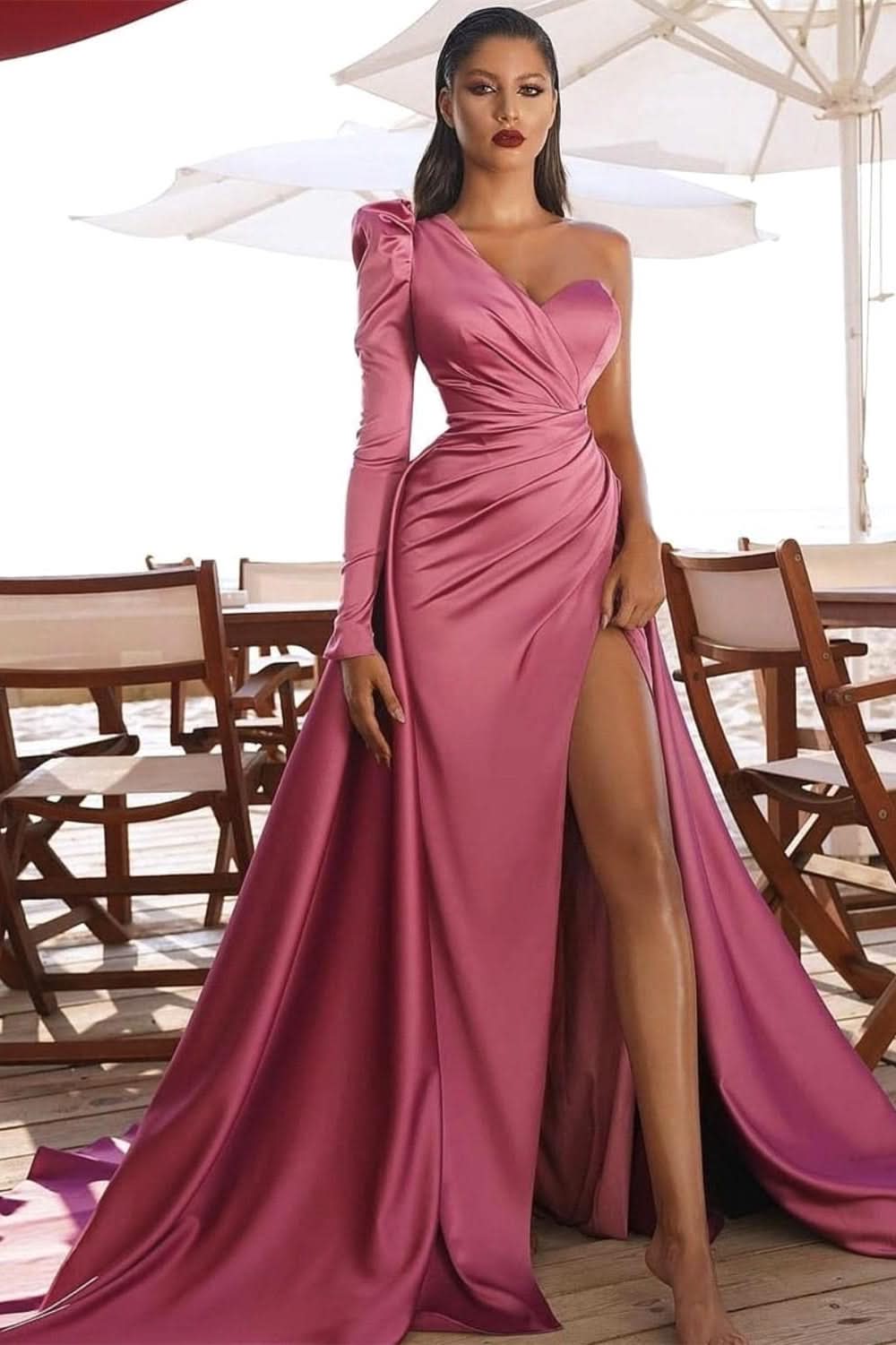 BMbride One Shoulder Satin Side Split Prom Gowns with Sweep Train BMbride
