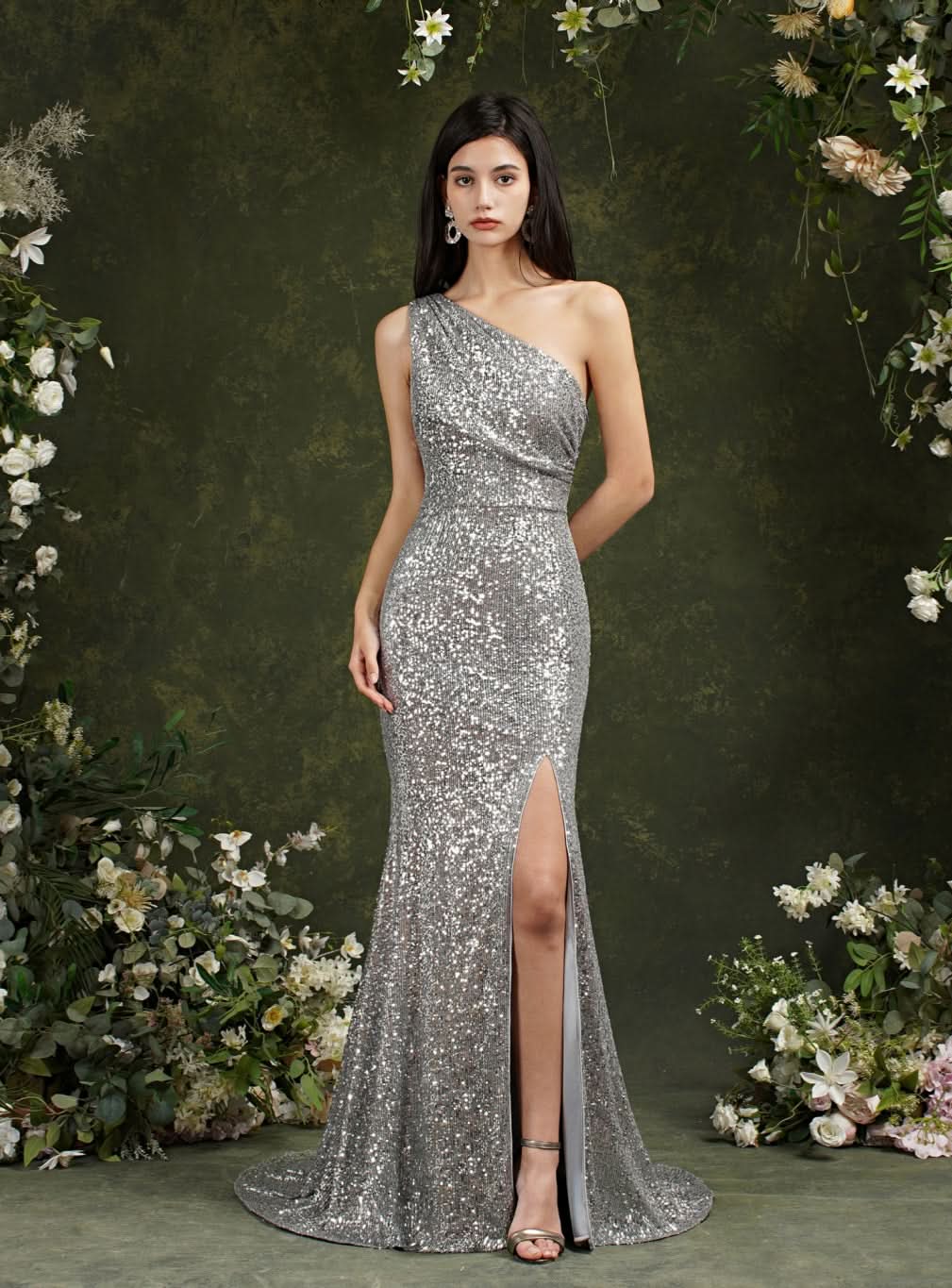 One Shoulder Sleeveless Glitter Meramid Long Side Slit Floor Length Dress BMbride