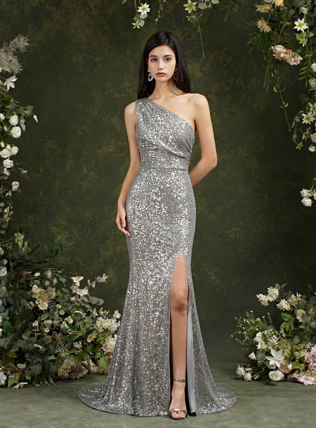 One Shoulder Sleeveless Glitter Meramid Long Side Slit Floor Length Dress BMbride