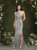One Shoulder Sleeveless Glitter Meramid Long Side Slit Floor Length Dress BMbride