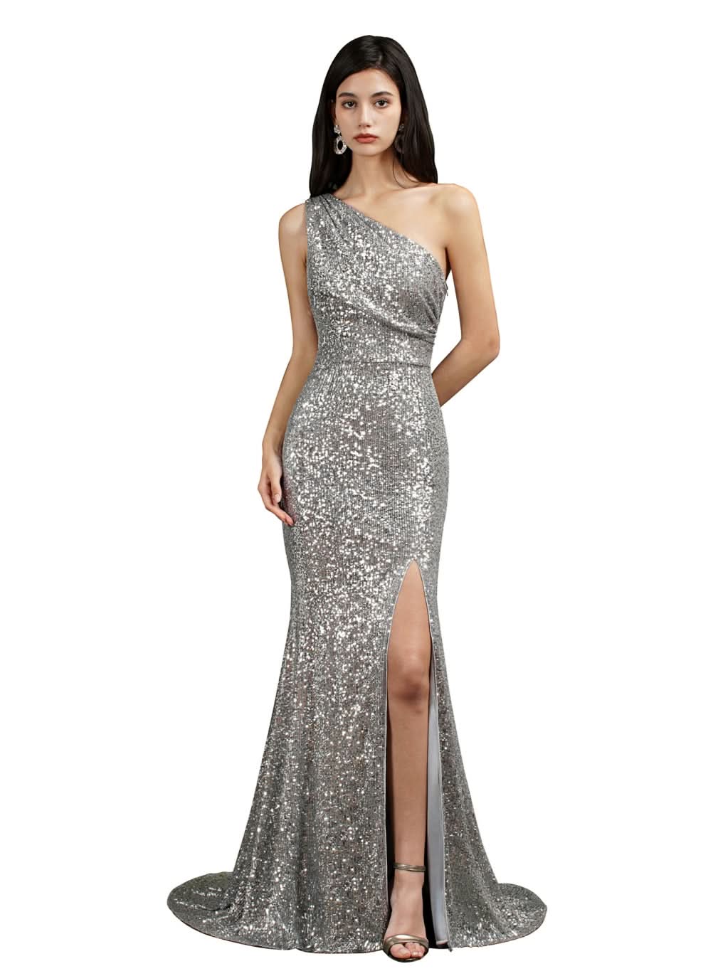 One Shoulder Sleeveless Glitter Meramid Long Side Slit Floor Length Dress BMbride