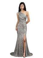 One Shoulder Sleeveless Glitter Meramid Long Side Slit Floor Length Dress BMbride