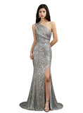 One Shoulder Sleeveless Glitter Meramid Long Side Slit Floor Length Dress BMbride