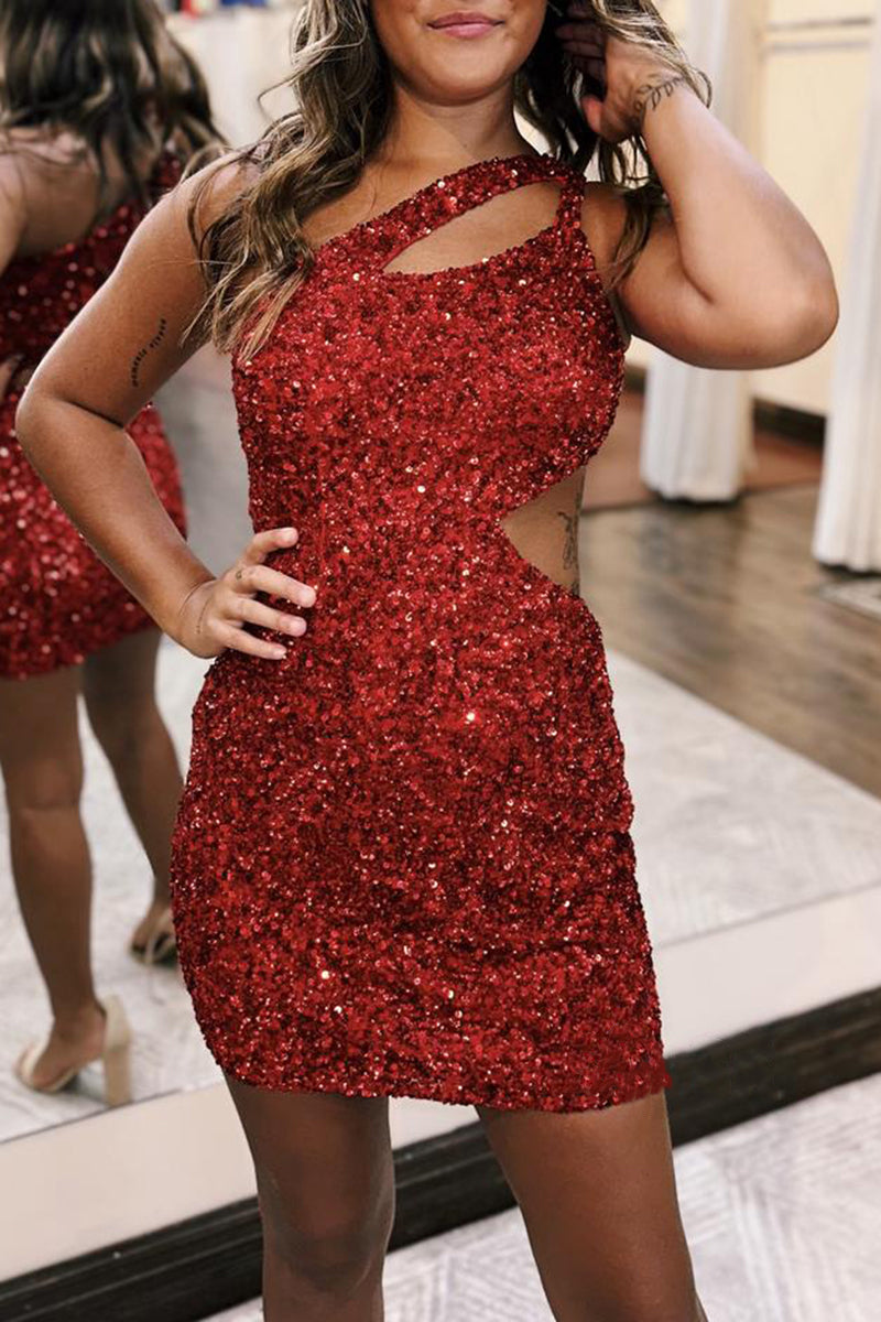 One Shoulder Sleeveless Sequined Fitted Homecoming Dress BM bride