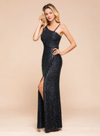 One-Shoulder Sleeveless Sequins Mermaid Floor-Length Dress BMbride