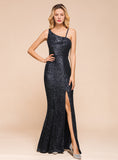 One-Shoulder Sleeveless Sequins Mermaid Floor-Length Dress BMbride