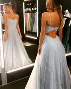 BMbride Open Back Spaghetti Strap Sequin Prom Dresses Ice Blue Sexy Evening Gowns BMbride