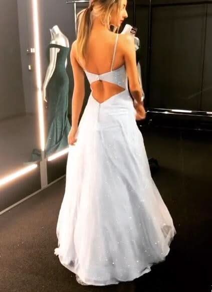 BMbride Open Back Spaghetti Strap Sequin Prom Dresses Ice Blue Sexy Evening Gowns BMbride