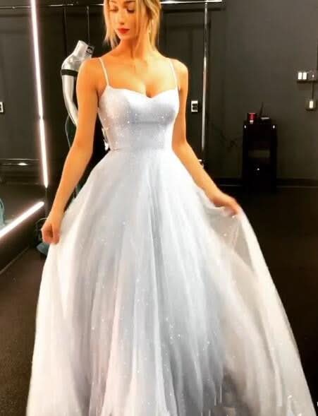 BMbride Open Back Spaghetti Strap Sequin Prom Dresses Ice Blue Sexy Evening Gowns BMbride