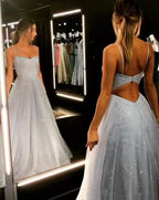 BMbride Open Back Spaghetti Strap Sequin Prom Dresses Ice Blue Sexy Evening Gowns BMbride