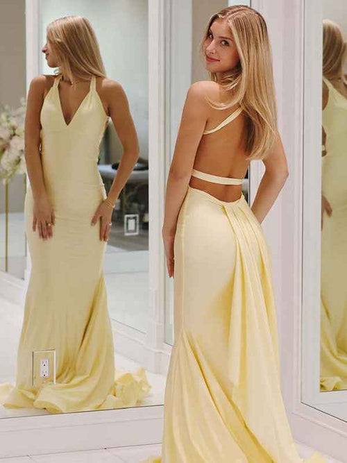 Yellow Mermaid Unique Open Back Long Prom Dress BMBRIDE