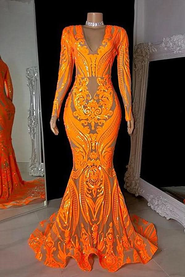 Orange Sequins V-neck Appliques Lace Floor-length Long Sleeve Mermaid Prom Dresses for a Dazzling Look BM bride
