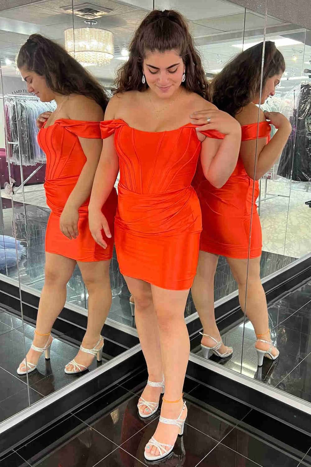 Sophisticated Off-the-Shoulder Satin Homecoming Dress BM bride