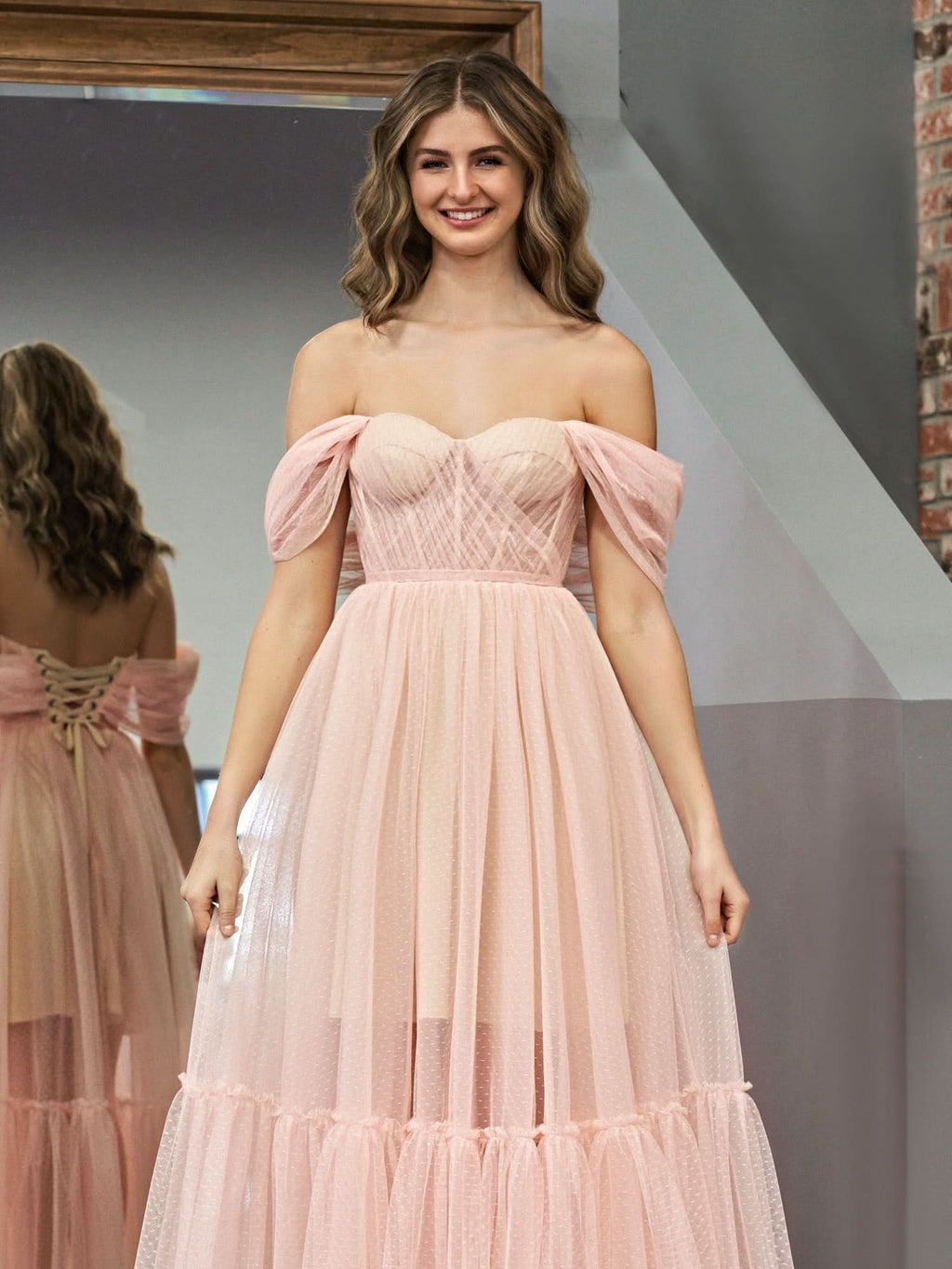 Nova | A-Line Rose Pink Tulle Sweetheart Tea-Length Prom Dress BM bride