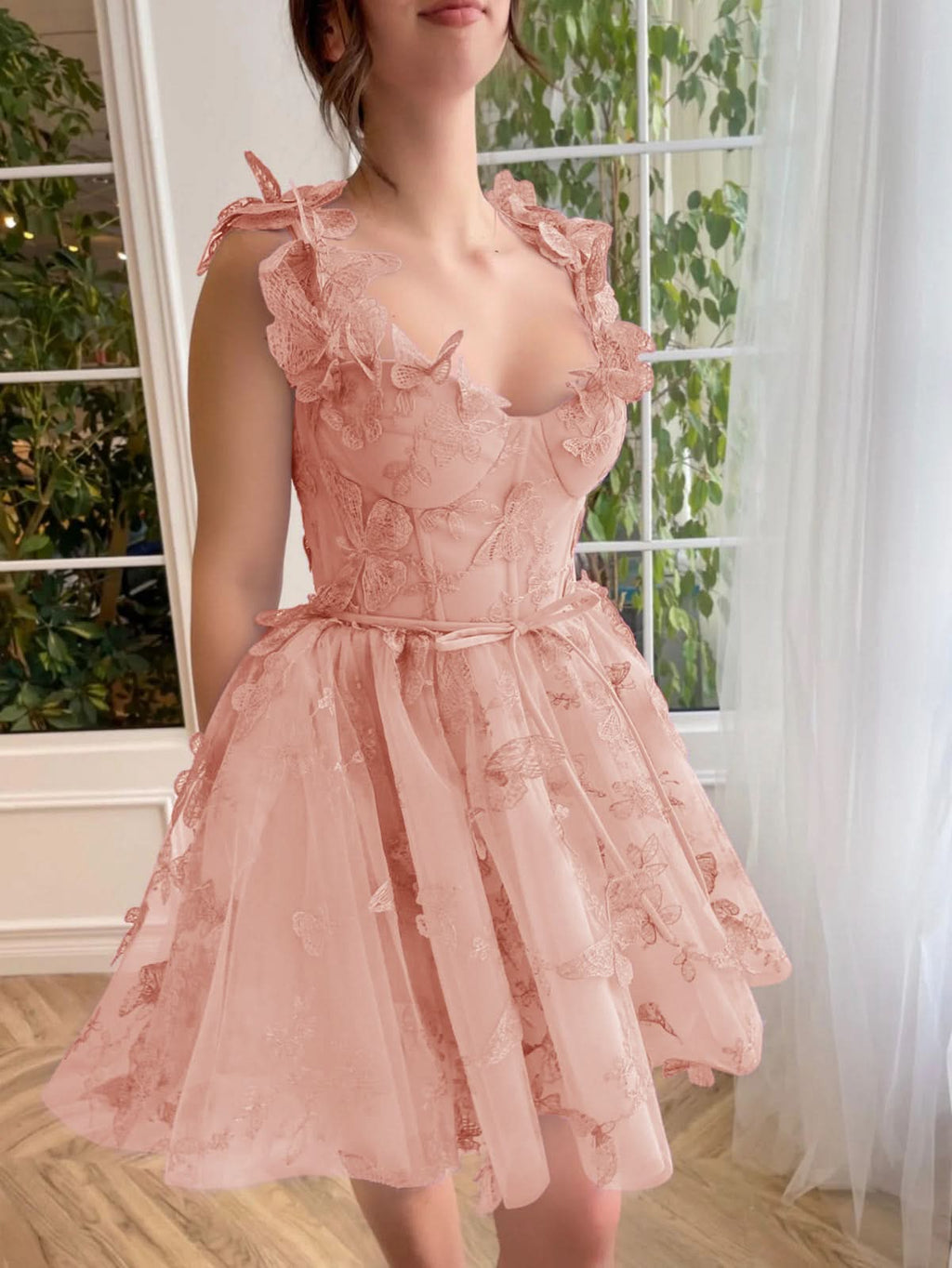Charming A-Line Short Tulle Prom Dress with Enchanting 3D Butterflies BM bride