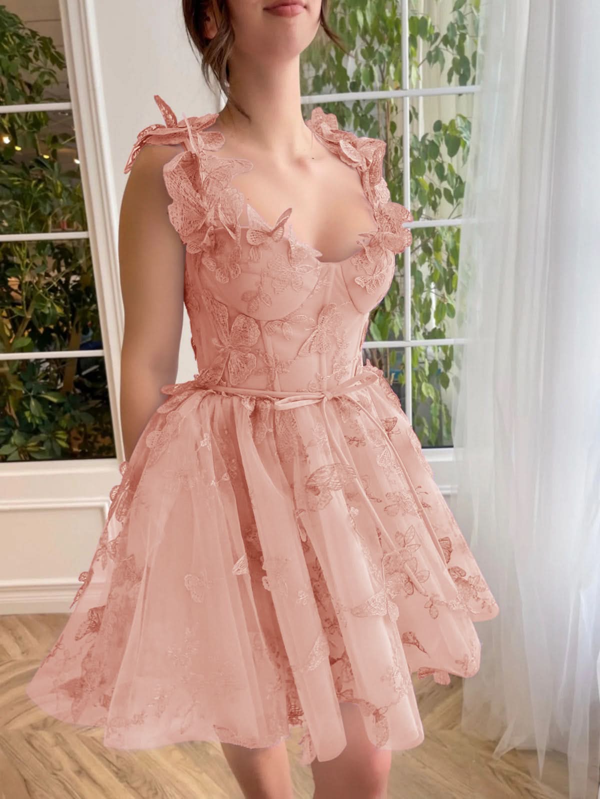 Charming A-Line Short Tulle Prom Dress with Enchanting 3D Butterflies BM bride