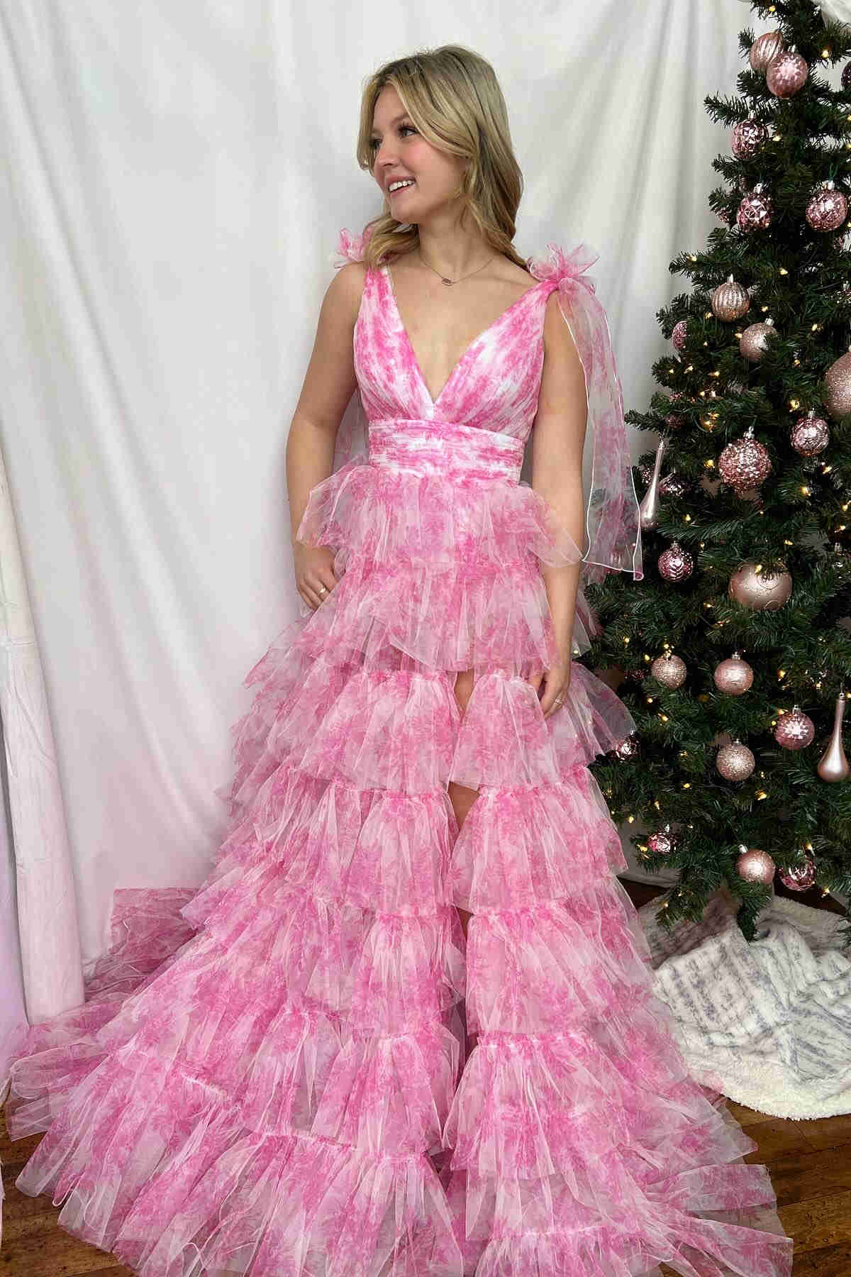 Delightful V-Neck Tie Straps Red Floral Print Layered Long Prom Dress BM bride