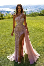 BMbride Pink Lace Sleeveless Long Sexy Evening Dress with Glitter BMbride