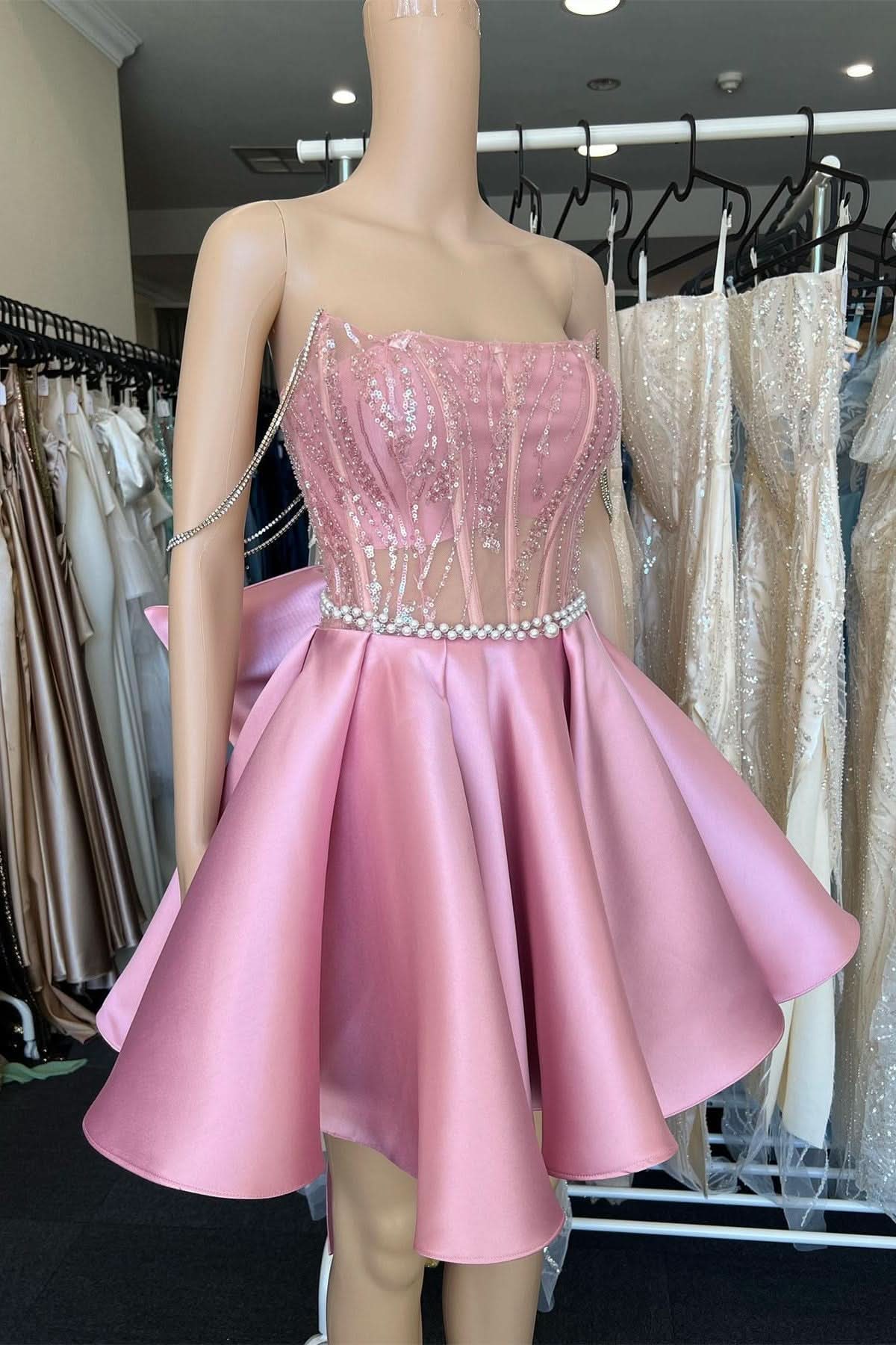 A-Line Pink Lace Off-the-Shoulder Bow-Back Short Homecoming Dress BM bride
