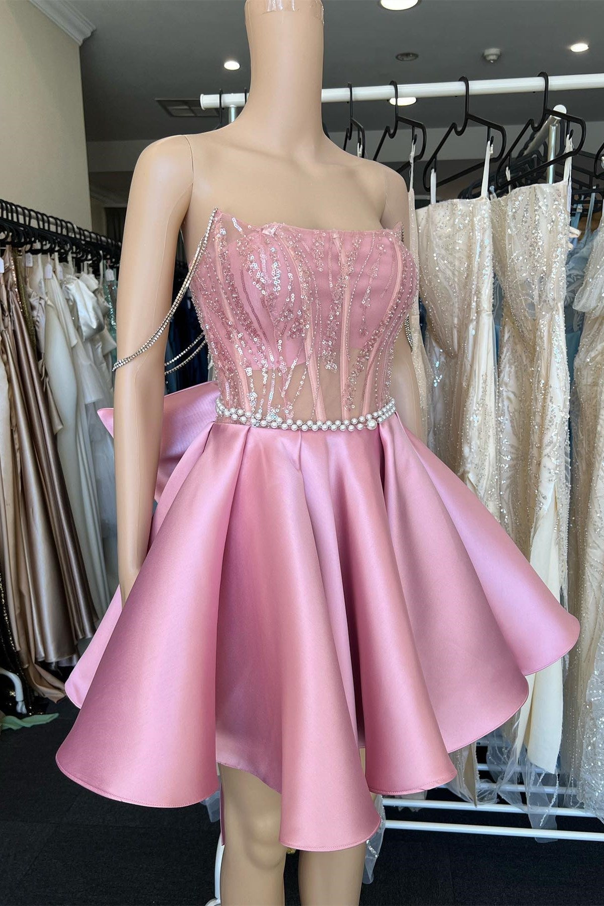 A-Line Pink Lace Off-the-Shoulder Bow-Back Short Homecoming Dress BM bride
