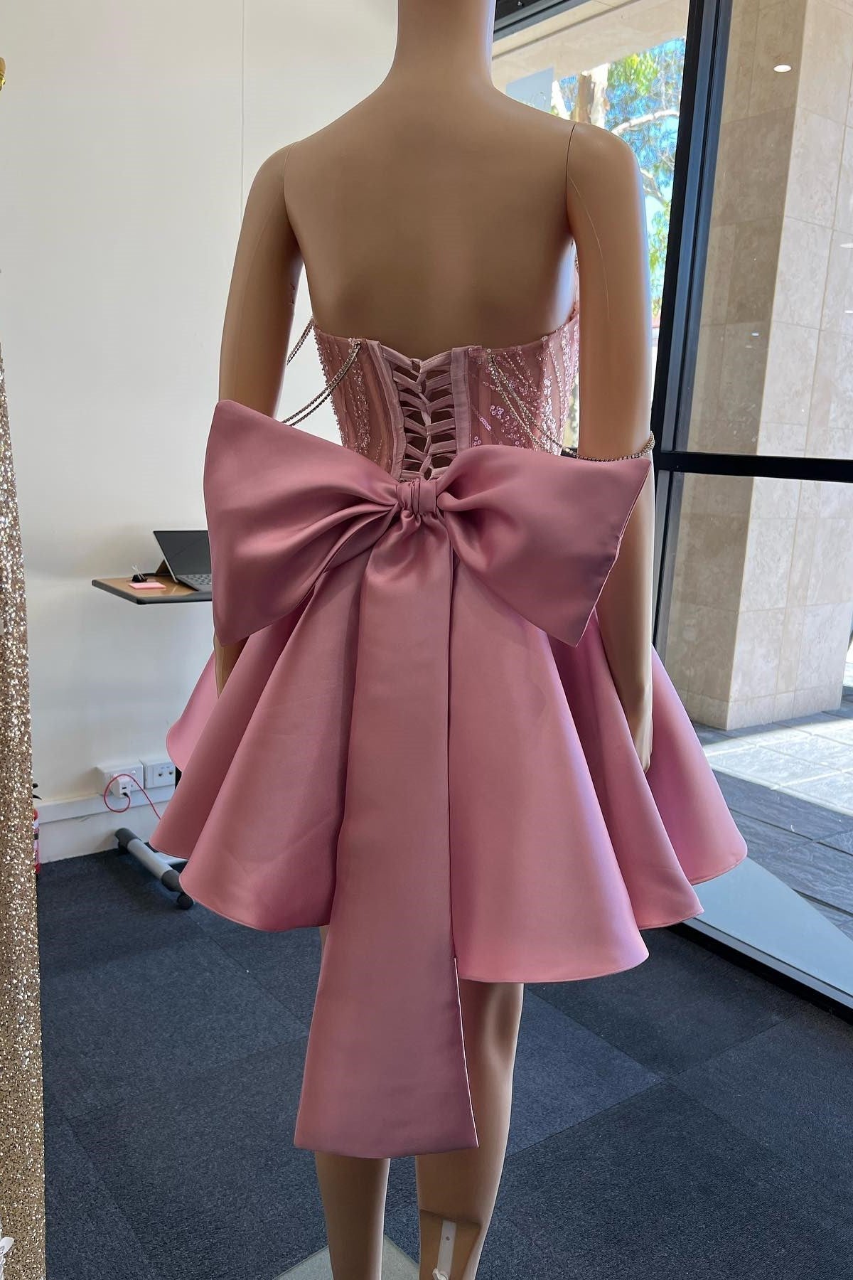 A-Line Pink Lace Off-the-Shoulder Bow-Back Short Homecoming Dress BM bride