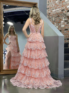 Lovely Pink Princess A-Line Off-the-Shoulder Corset Prom Dress with Lace Ruffles BM bride