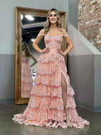 Lovely Pink Princess A-Line Off-the-Shoulder Corset Prom Dress with Lace Ruffles BM bride